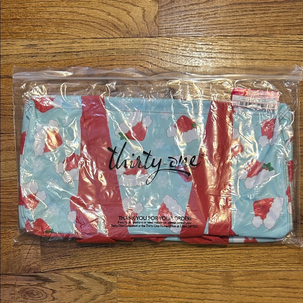 NWT Thirty-One Holiday Santa MEDIUM Utility Tote with Red White Light Blue
